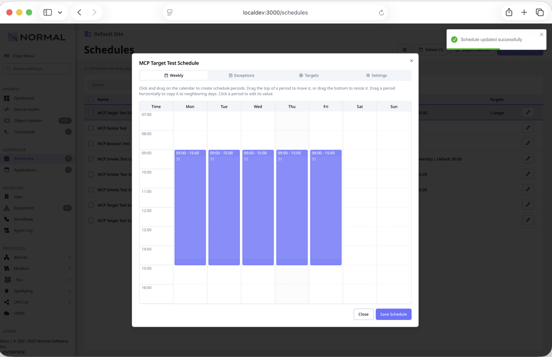 Weekly schedule editor with drag-to-create periods